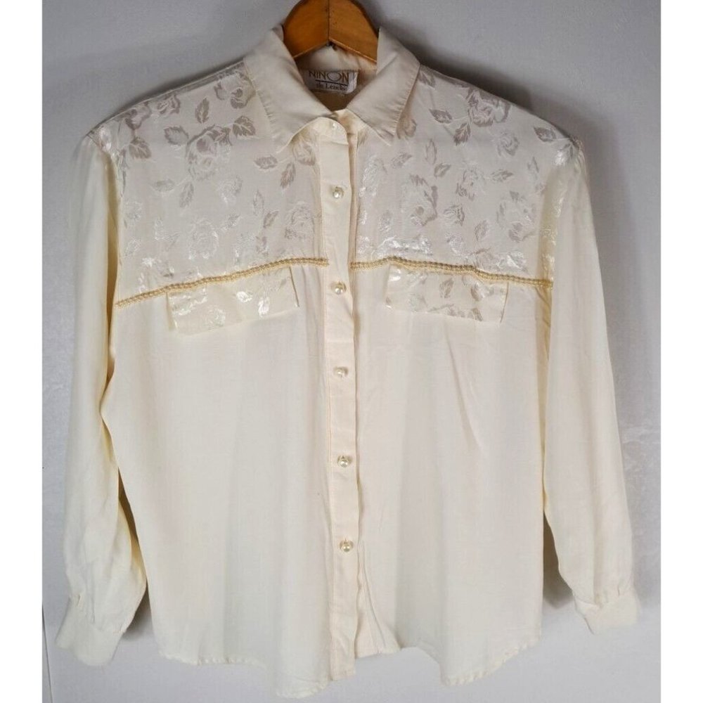 Women's Vintage Ninon De Lenclos Western Top Faux Pearls Rose Demask Ivory 80s L